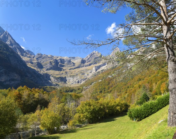 Mountain landscape view Ordesa y Monte Perdido National Park, Bielsa parador, Huesca province, Aragon, Spain