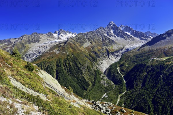 From left front Glacier du Tour back Aiguilles du Tour, right Aiguille du Chardonnet, in front foothills of the Argentière Glacier, Chamonix-Mont-Blanc, Haute-Savoie, France