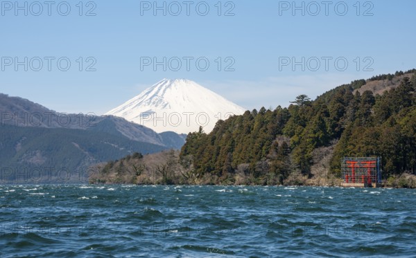 View of Lake Ashi with Mount Fuji volcano and peace torii from Hakone Shrine, Hakone, Japan