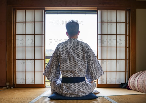 Young man wearing kimono sitting in traditional Japanese living room with tatami mats and shoji sliding doors, from behind, Yamanouchi, Nagano, Japan