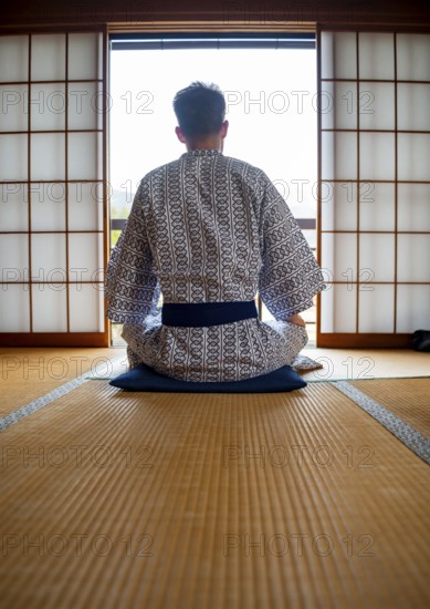 Young man wearing kimono sitting in traditional Japanese living room with tatami mats and shoji sliding doors, from behind, Yamanouchi, Nagano, Japan