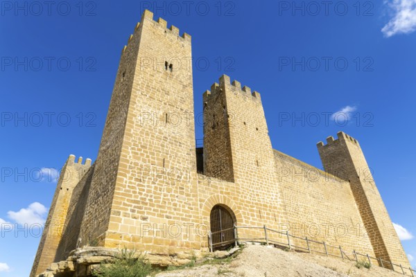 Historic walls and towers of Castillo de Sádaba, Sadaba castle, Zaragoza province, Aragon, Spain