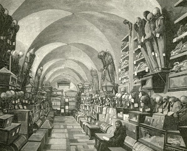 Capuchin Crypt, Le Catacombe dei Cappuccini, extensive crypt complex under the Capuchin monastery in Palermo and, with its natural mummies, one of the most famous burial sites in the world, Sicily, Italy, illustration, reproduction from a model from the 19th century. Authentic, file restored for optimal use, exact date of submission unknown, historical