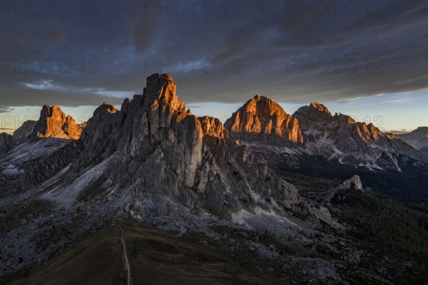 Mountain landscape, morning light, cloud atmosphere, autumn, aerial view, Giau Pass, view of Tofana Group, Dolomites, Italy