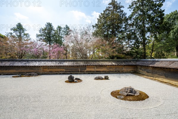 Kare-san-sui Japanese rock garden, Hojo Teien in Ryoan-ji, Zen Buddhist temple complex, in spring, Kyoto, Japan