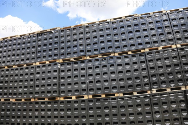 Stacked black beer crates from the Kulmbacher Group, a beverage manufacturer that includes Kulmbacher Brauerei AG and other breweries such as Sternquell, Braustolz and Würzburger Hofbräu, editorial