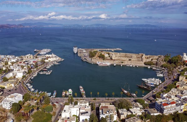 Aerial view, Mandraki harbor, seaport, ship, ships, back fortress, castle, Neratzia, also Nerantzis, Kos town, island of Kos, Dodecanese islands, Greece