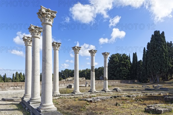 Middle terrace, Apollo temple columns, Asclepieion, Latin Aescupium, three terraces, place of worship of Asclepios, god of healing art, ancient hospital, archaeological excavation 1902-1904, island of Kos, Dodecanese islands, Greece, eastern Adriatic, Mediterranean
