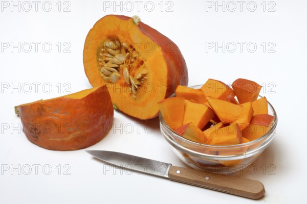 Hokkaido pumpkin, sliced with a knife