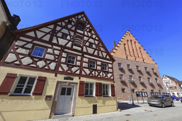 Fachwerkhäuser und Rathausplatz, city of Heideck in the district of Roth, Middle Franconia, Bavaria, Germany
