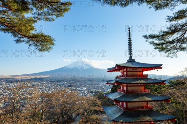 Five-story pagoda of a Shinto Shrine, Chureito Pagoda, with views of Fujiyoshida City and Mount Fuji Volcano, Arakura Fuji Sengen Shrine, Arakurayama Sengen Park, Yamanashi Prefecture, Japan