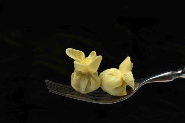 Saccottini, type of Italian pasta on fork, pasta from Italy