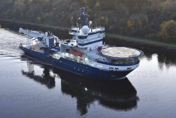 Icebreaker and offshore supply vessel BOTNICA sails through the Kiel Canal, NOK, Kiel Canal, Kiel Canal, Schleswig-Holstein, Germany