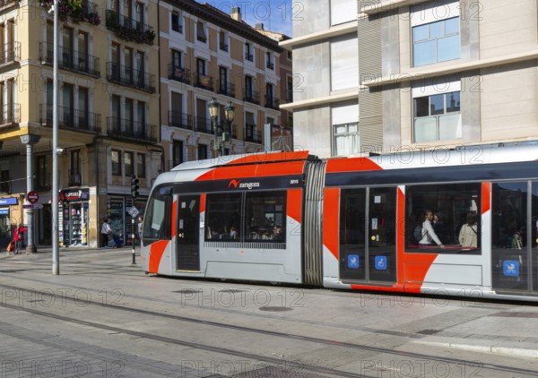 Light rail tram city public transport system CAF Urbos 3 trams, Tranvía de Zaragoza, Zaragoza, Aragon Spain
