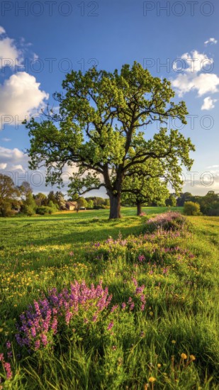 A serene landscape featuring a large tree by a stream at sunset with vibrant green grass and blooming flowers, spring landscape, the oak branch of nature, clear blue sky, idyllic atmosphere with green grass meadow, hills in the calm nature, AI generated
