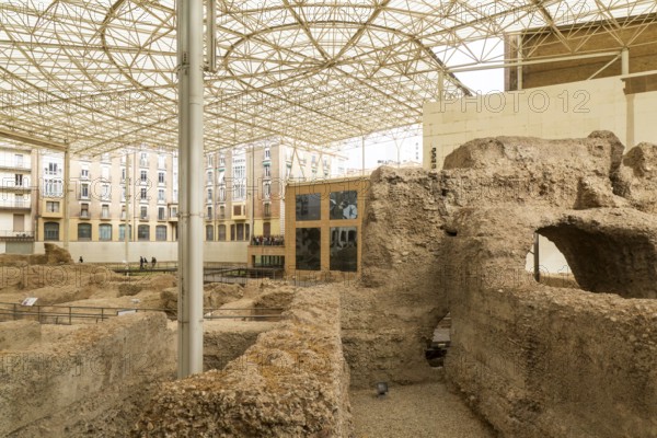 Covered ruins of Roman theatre amphitheatre, Zaragoza, Aragon, Spain
