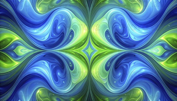 Symmetric Abstract Bright Liquid Ornament Background, futuristic wallpaper template illustration, vibrant blue and green neon hues, AI generated