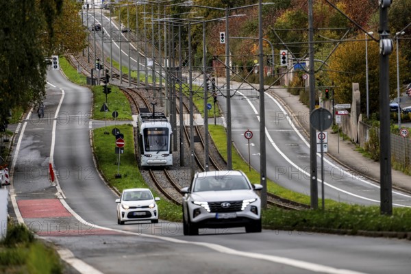Bogestra tramway, line 305, on the Wattenscheider Hellweg, tram line in the middle of the street, North Rhine-Westphalia, Germany