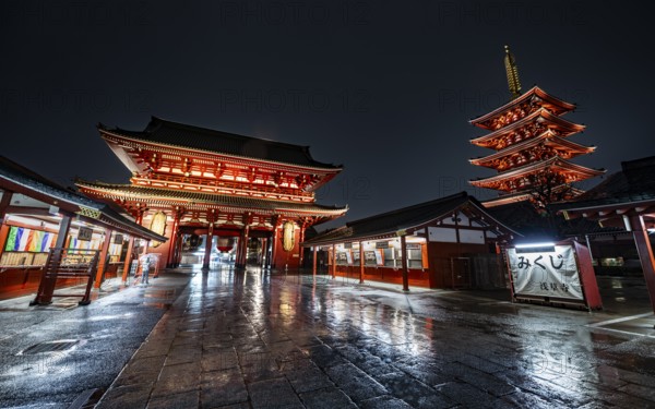 Illuminated five-story pagoda and Hozomon treasure chamber gate of Asakusa Shrine or Senso-ji Temple, at night, Buddhist temple complex, Asakusa, Tokyo, Japan