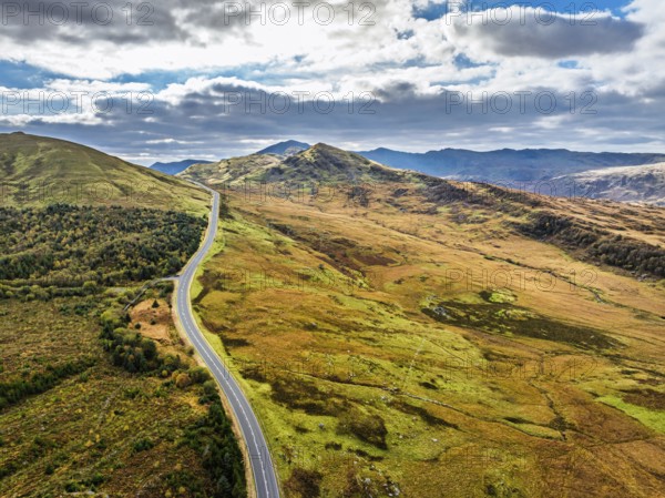 Snowdonia National Park over Road A470 from a drone, Crimea Pass, Blaenau Dolwyddelan, Wales, England, United Kingdom