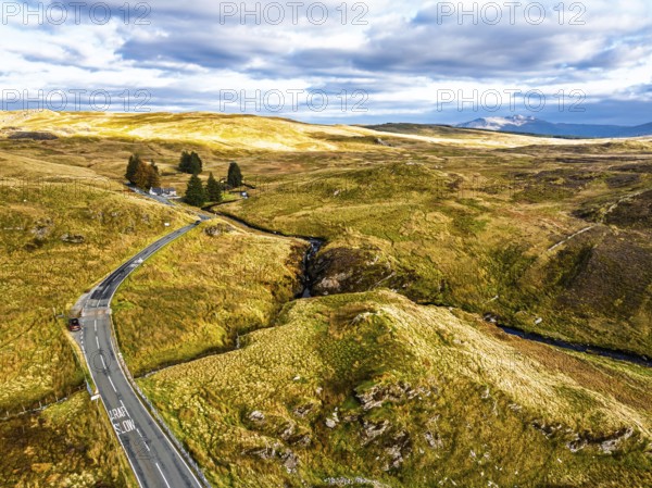Cwm Cynfal Waterfalls on River Afon Cynfal from a drone, Llan Ffestiniog, Road B4391, Gwynedd, Snowdonia, Eryri, Wales, England, United Kingdom