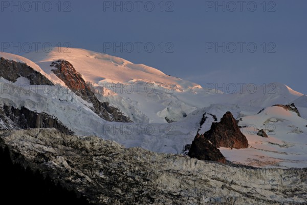 Snow-covered Mont-Blanc in the light of the setting sun, Chamonix-Mont-Blanc, Haute-Savoie, France