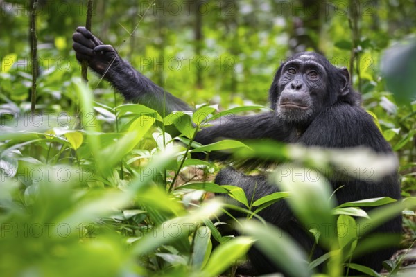 Animal portrait, chimpanzee (Pan Troglodytes), adult male among leaves in jungle, Kibale National Park, Uganda