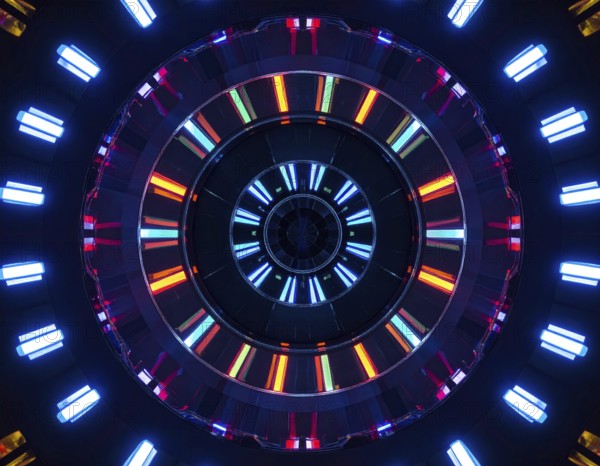 Abstract background of slightly unfocused multicolored glass lenses spinning and rotating, wallpaper illustration in vibrant neon colors, mandala background for business, textures and pattern, AI generated