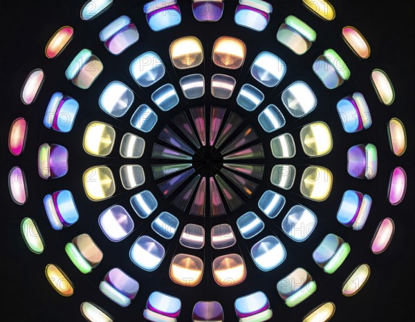 Abstract background of slightly unfocused multicolored glass lenses spinning and rotating, wallpaper illustration in vibrant neon colors, mandala background for business, textures and pattern, AI generated