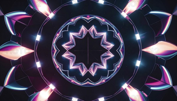 Abstract background of slightly unfocused multicolored glass lenses spinning and rotating, wallpaper illustration in vibrant neon colors, mandala background for business, textures and pattern, AI generated