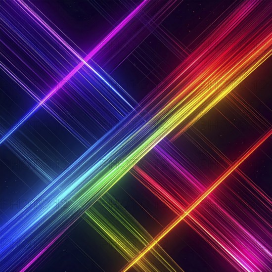Abstract digital art featuring vibrant, intersecting neon lines creating a geometric pattern, Intersecting neon lines form a vibrant abstract geometric grid against a black background, Seamless looping illustration, colorful diagonal lines, creating a modern dynamic template background, vibrant colored lines and geometric forms for business or technology wallpaper, AI generated