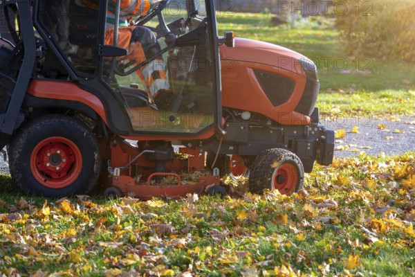 Removing leaves with a riding mower in a public park, Mutterstadt, Rheinland Pfalz