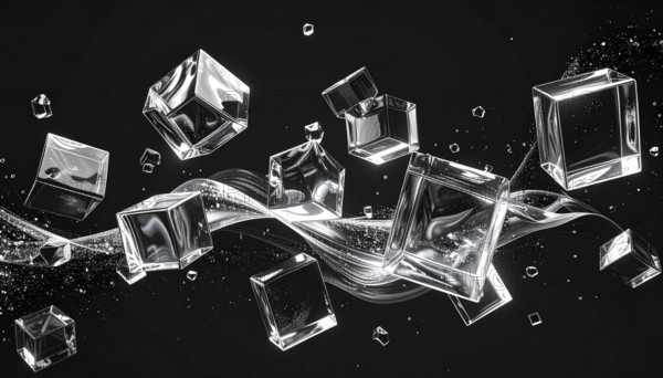 Abstract animation, glass cubes on black background, modern business wallpaper illustration, AI generated