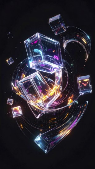 Abstract animation, glass cubes on black background, modern business wallpaper illustration, AI generated