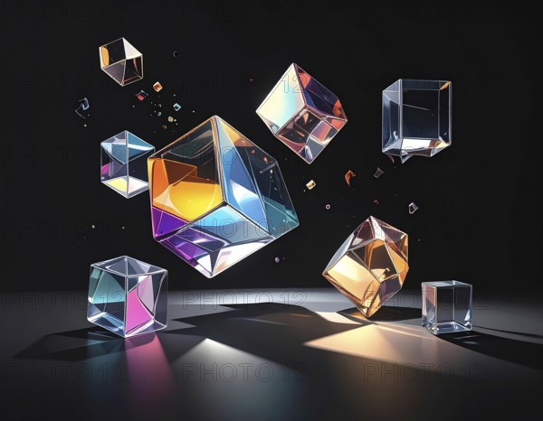 Abstract animation, glass cubes on black background, modern business wallpaper illustration, AI generated