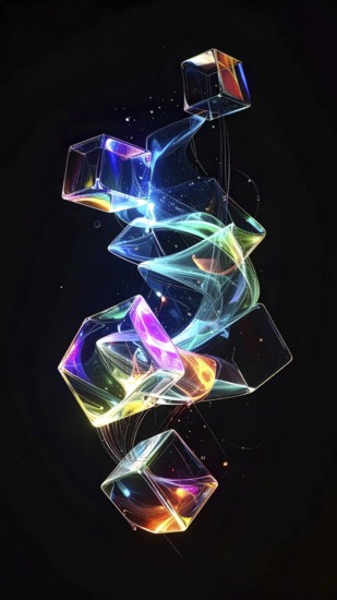 Abstract animation, glass cubes on black background, modern business wallpaper illustration, AI generated