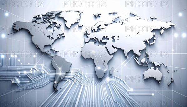 Abstract visualization of global rare earth supply network feeding EV industry, world map design, tech aesthetic, clean lines, rare earth for electric vehicles, AI generetaed, AI generated