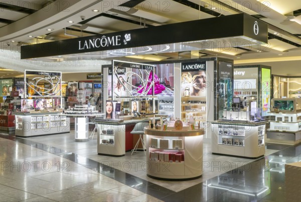 Lancome brands on display Duty Free shopping area in departures lounge area, Terminal 5, London Heathrow airport, London, England, UK