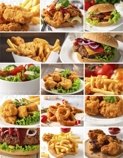 Collage of various fast food meals. beagles, hamburger, cheeseburger, french fries and a view green salad pieces, unhealthy lifestyle, symbol for bad nutrition, wallpaper illustration for banner or template background, AI generated