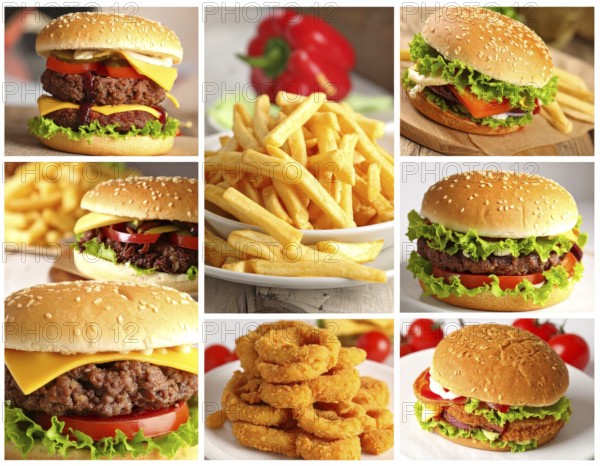 Collage of various fast food meals. beagles, hamburger, cheeseburger, french fries and a view green salad pieces, unhealthy lifestyle, symbol for bad nutrition, wallpaper illustration for banner or template background, AI generated