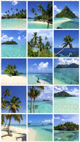 Collage of tropical islands with beach and palm trees, paradise with blue cloudy sky, turquoise water, green plant, sandy shore, wallpaper illustration, template or banner for ecology, sustainability, landscape and travel, AI generated