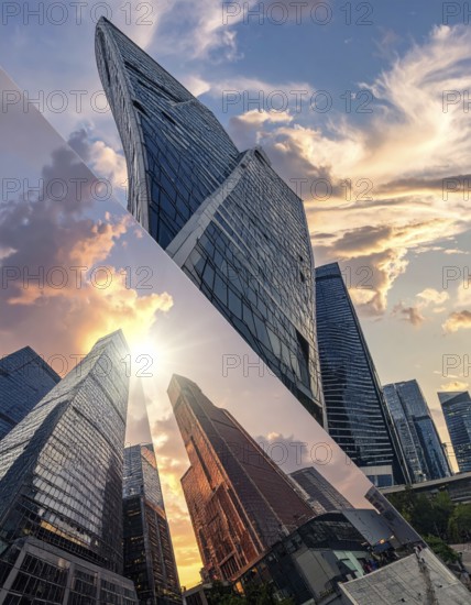 Collage of skyscrapers of a metropolitan city, various skylines with different blue sky in sunset, urban wallpaper illustration background, banner or template for real estate and travel themes, AI generated