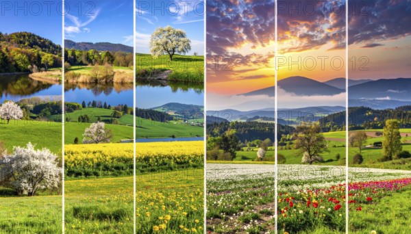 Collage of spring and summer landscapes, blooming flowers, green meadows and trees, hilly landscape with mountains, blue cloudy sky with sunrise or sunset, wallpaper illustration for banner or template background, AI generated