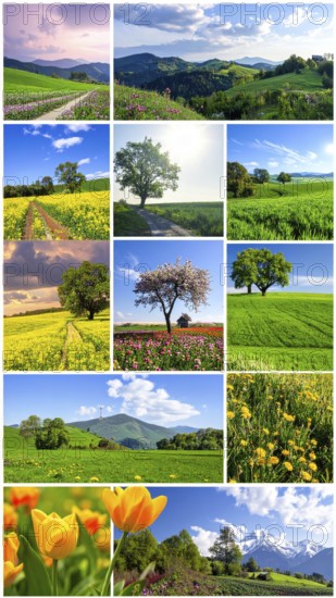 Collage of spring and summer landscapes, blooming flowers, green meadows and trees, hilly landscape with mountains, blue cloudy sky with sunrise or sunset, wallpaper illustration for banner or template background, AI generated
