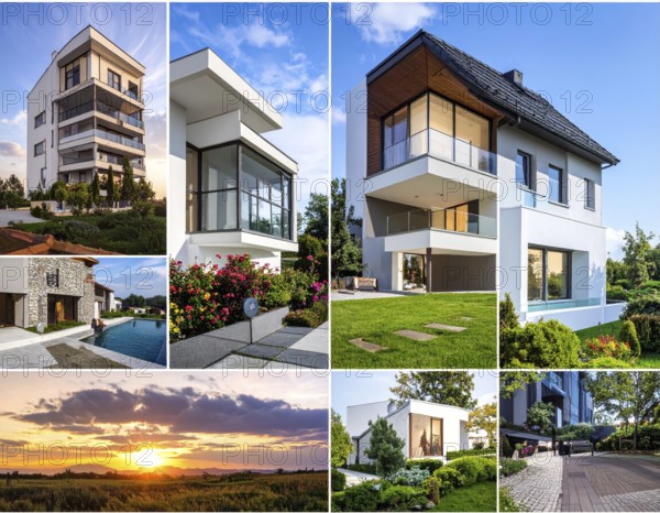 Collage of real estate residential building, modern architecture style, surrounded by green garden, variety of apartments, villas and luxurious homes. blue cloudy sky with sunset or sunrise, conceptual illustration, wallpaper for banner, poster or template, AI generated