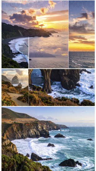 Collage of coastal landscapes with cliffs and shore break, spectacular nature, cloudy sky with beautiful sunset or sunrise, variety of travel destination for road trip or hiking, wallpaper illustration for banner, poster or template, AI generated