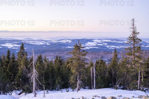 View from Mount Lusen over the hills of the bavarian forest at sunrise in winter, Bavaria, Germany