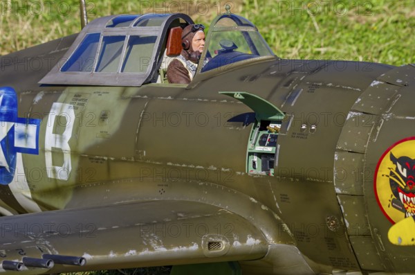 An RC model of a Republic P-47 Thunderbolt during a demonstration as part of an air show at the Fliegerbergfest of the Rossfeld Luftsportverein in Metzingen-Glems, Baden-Württemberg, Germany, for editorial use only