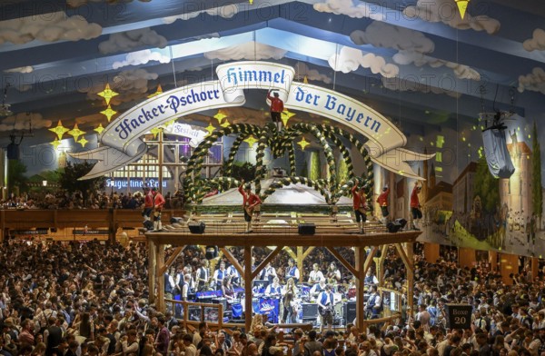 Hacker-Pschorr festival tent, Bavarian sky, interior view, Oktoberfest, Munich, Bavaria, Germany