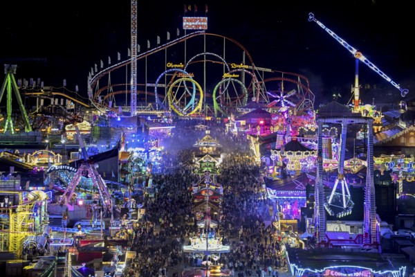 View of Oktoberfest from St. Paul's Catholic Church, Blue Hour, Munich, Bavaria, Germany